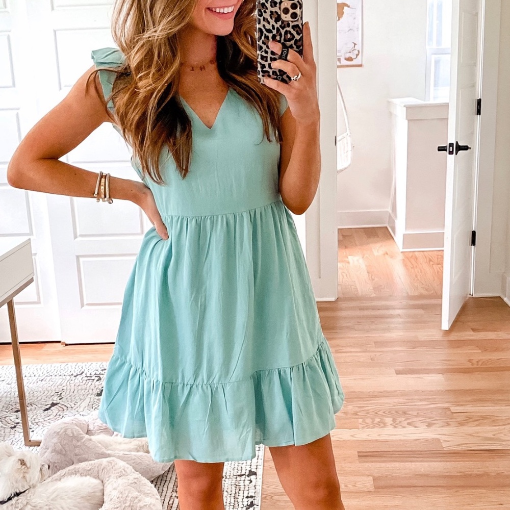 Aqua Blue Green Dress Pockets Ruffles Vneck
